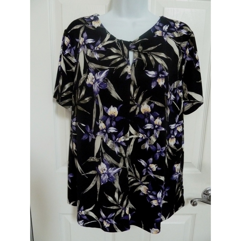CHICO'S Sz 2=12/14, Large Dark Floral Career Office Blouse Professional Pullover